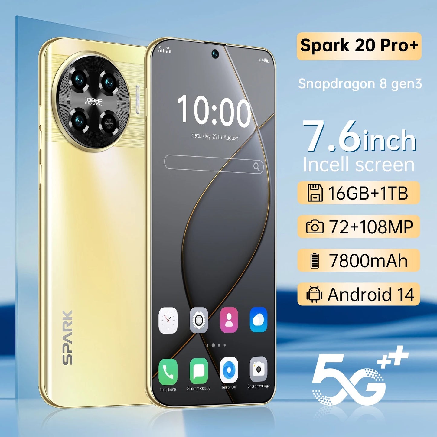 Global Spark 20 pro, teléfono inteligente con cuatro núcleos, 16GB + 1TB, 7,6 pulgadas, Android 13