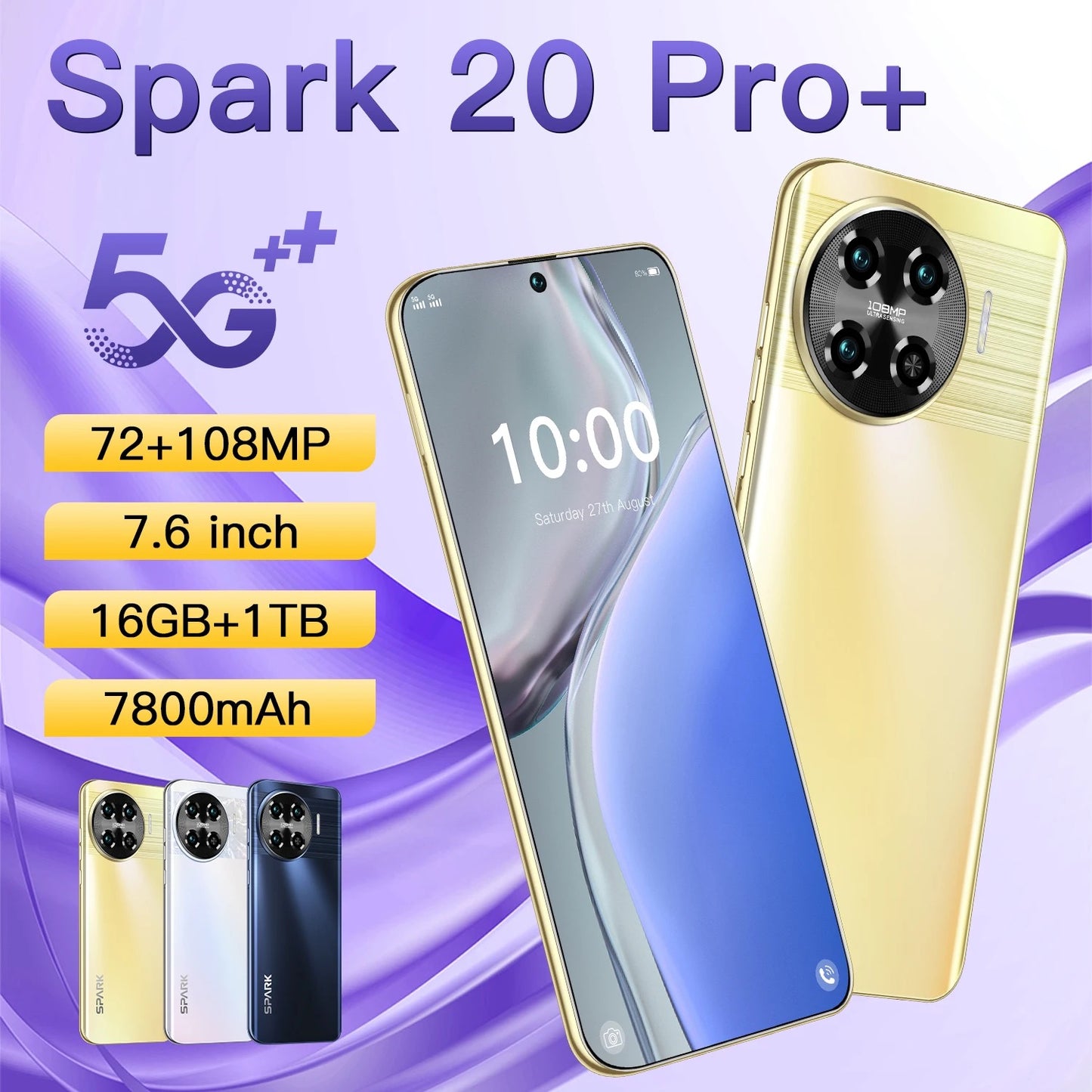 Global Spark 20 pro, teléfono inteligente con cuatro núcleos, 16GB + 1TB, 7,6 pulgadas, Android 13