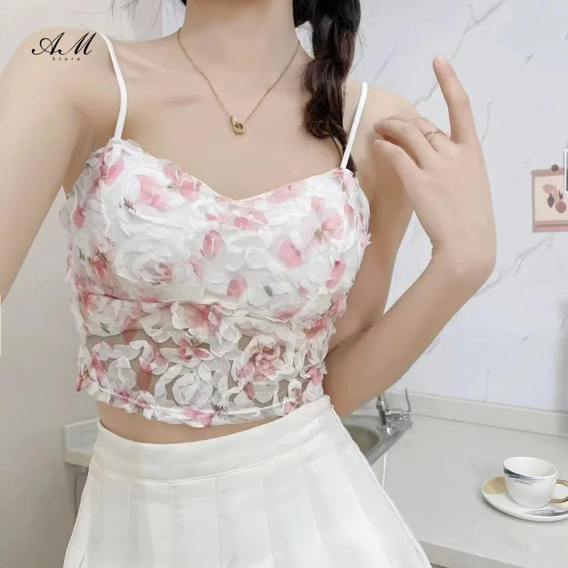 Women's Pink Floral Bra Mesh Tube Top